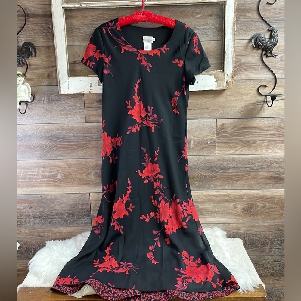 Miss Dorby Black and Red Floral Maxi Long Dress, Size 14